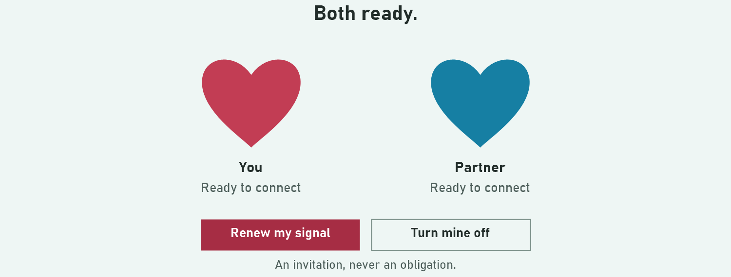 Illustrative app preview: a red heart for You and a blue heart for Partner, both Ready to connect. Renew my signal and Turn mine off are separate choices.